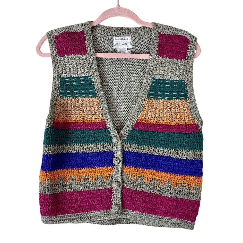 Jack Winter Vest Womens Medium‎ Gray Multicolored Striped Silk Blend Retro V 90s